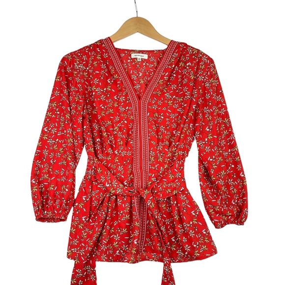 Max Studio Women's Red Lily Fields‎ Crepe 3/4 Sleeve Tie Front Blouse Size XS - Picture 1 of 7